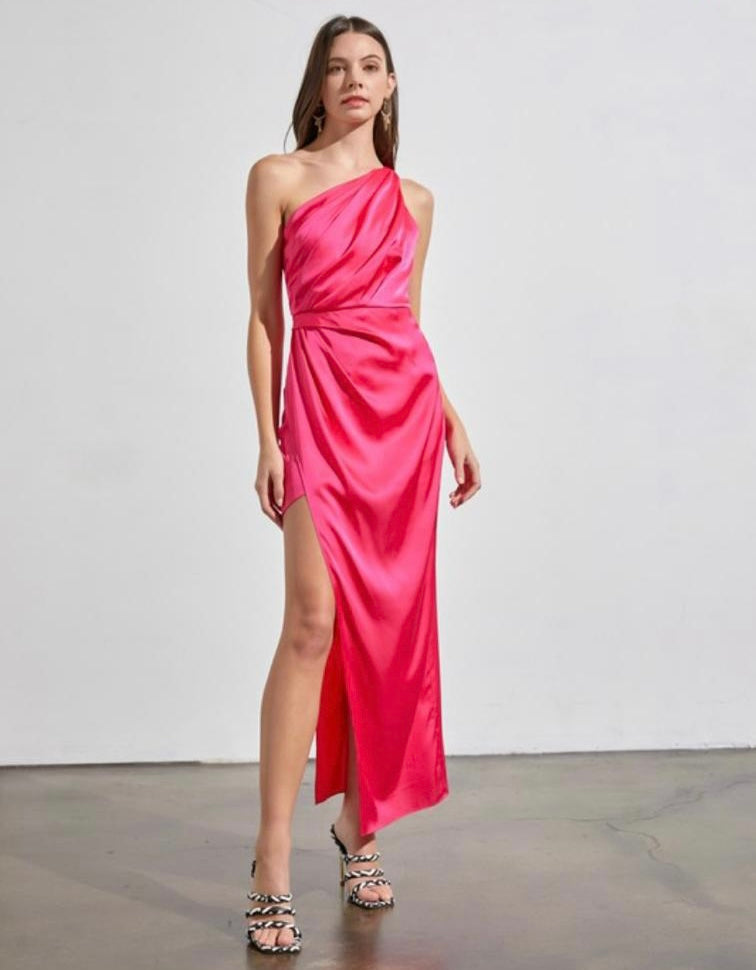 Pink One Shoulder Satin Dress