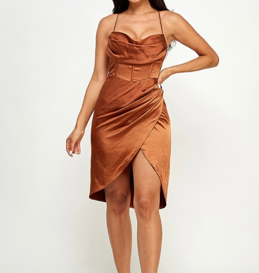 Copper Satin Cowl Neck Corset Dress