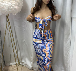 Blue Bandeau Swirl Top and Skirt Set