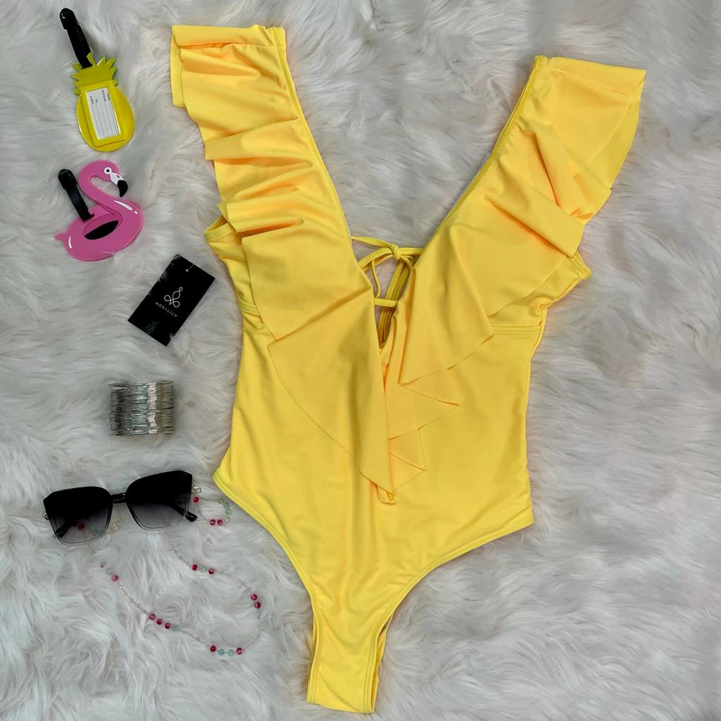 One Piece Ruffles Yellow Swimsuit