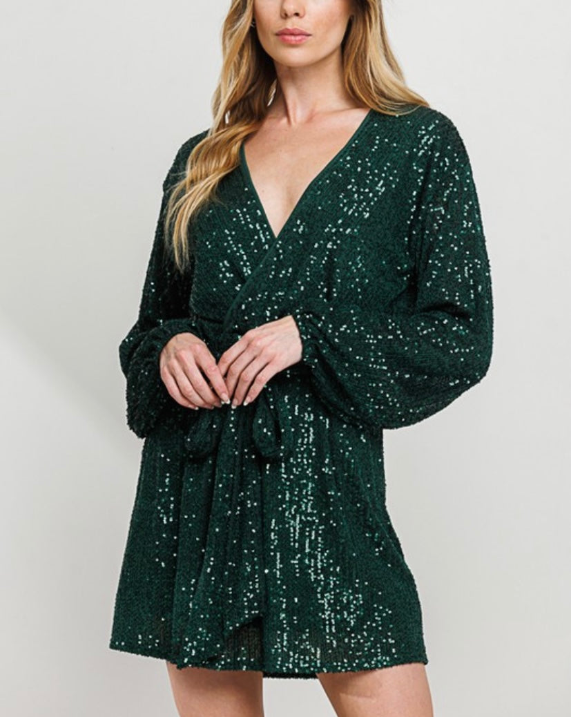 Emerald Long Sleeve Sequined Short Dress